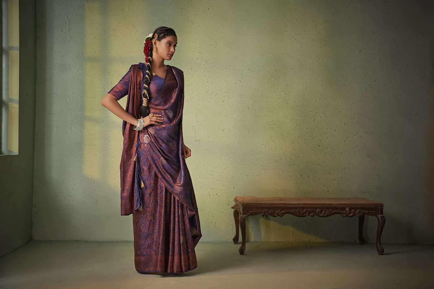 Vardha Women's Kanjivaram Art Silk Saree, Zari Woven, Copper, Unstitched Blouse - Navy Blue, Blue Sari Anvaya, 551