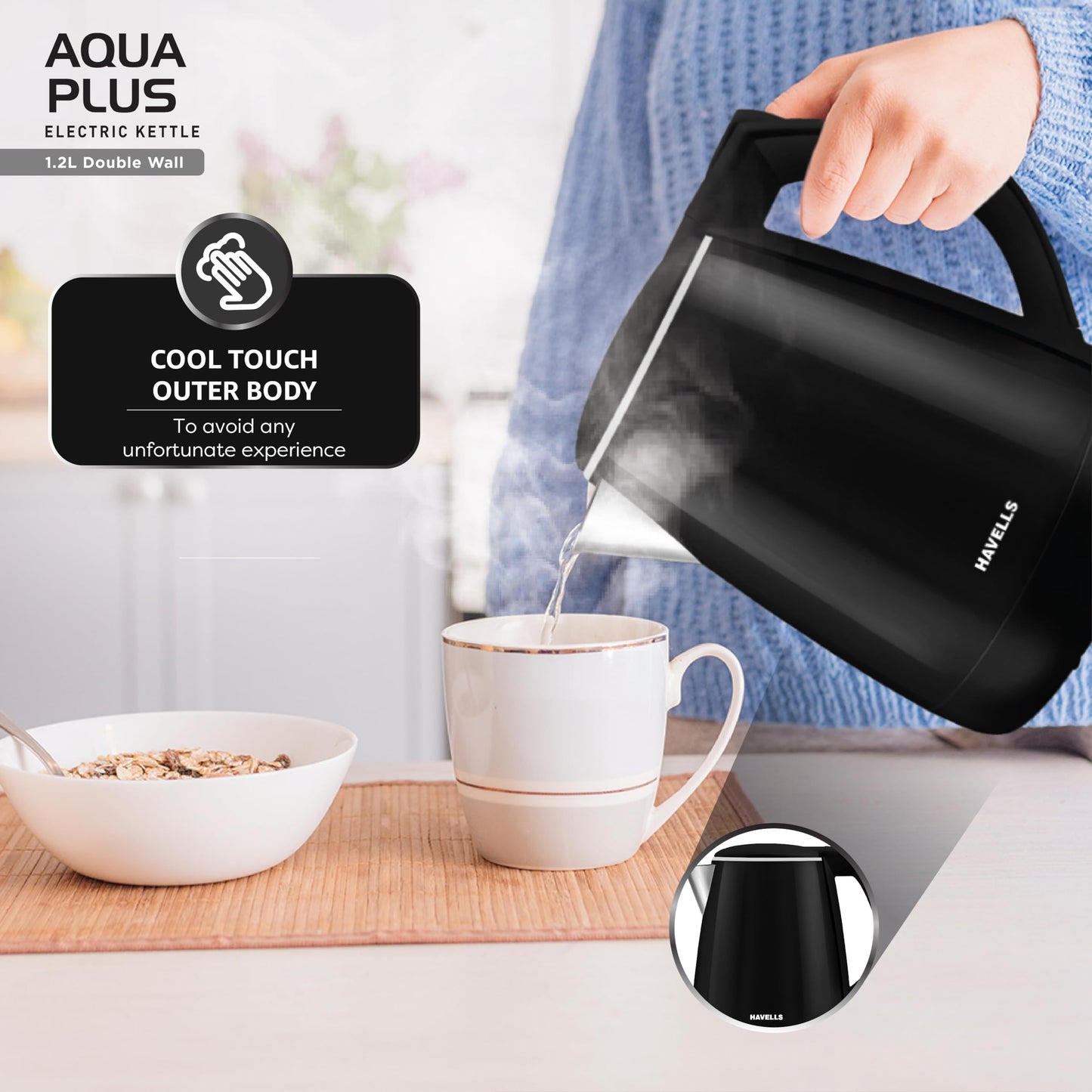 Havells Aqua Plus Electric Kettle 1.2 Litre, 1250 Watt | 304 Stainless Steel Inner Body | Cool Touch Body | Auto Shut-Off |Wider Mouth| 2 Year Warranty (Black)