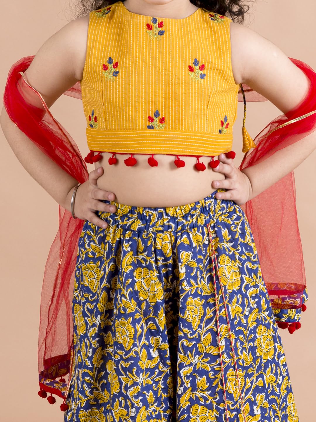 Pspeaches Girls Cotton Navy Blue Mustard Embroidered Ready To Wear Readymade Lehenga Set Blouse With Dupatta (Blue-8-10Y), 8-10 Years