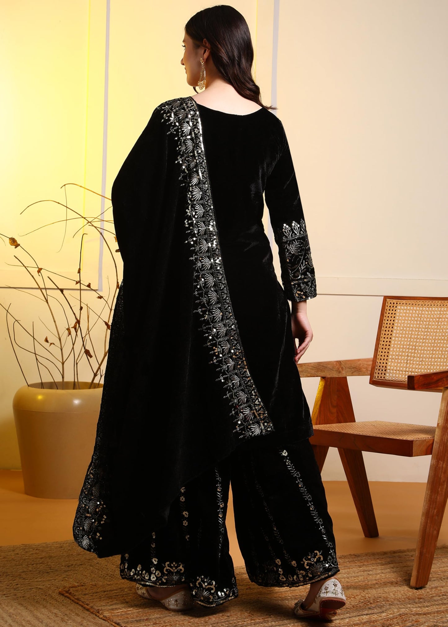 Brulry Women's Black Embroidered Velvet Kurta with Sharara & With Dupatta