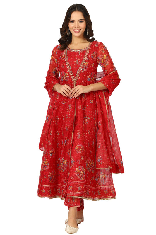 W for Woman Crimson Red Embroidered Flared Kota Kurta, Straight Pants and Dupatta (Size: 3XL)-24AUWS11760-124639
