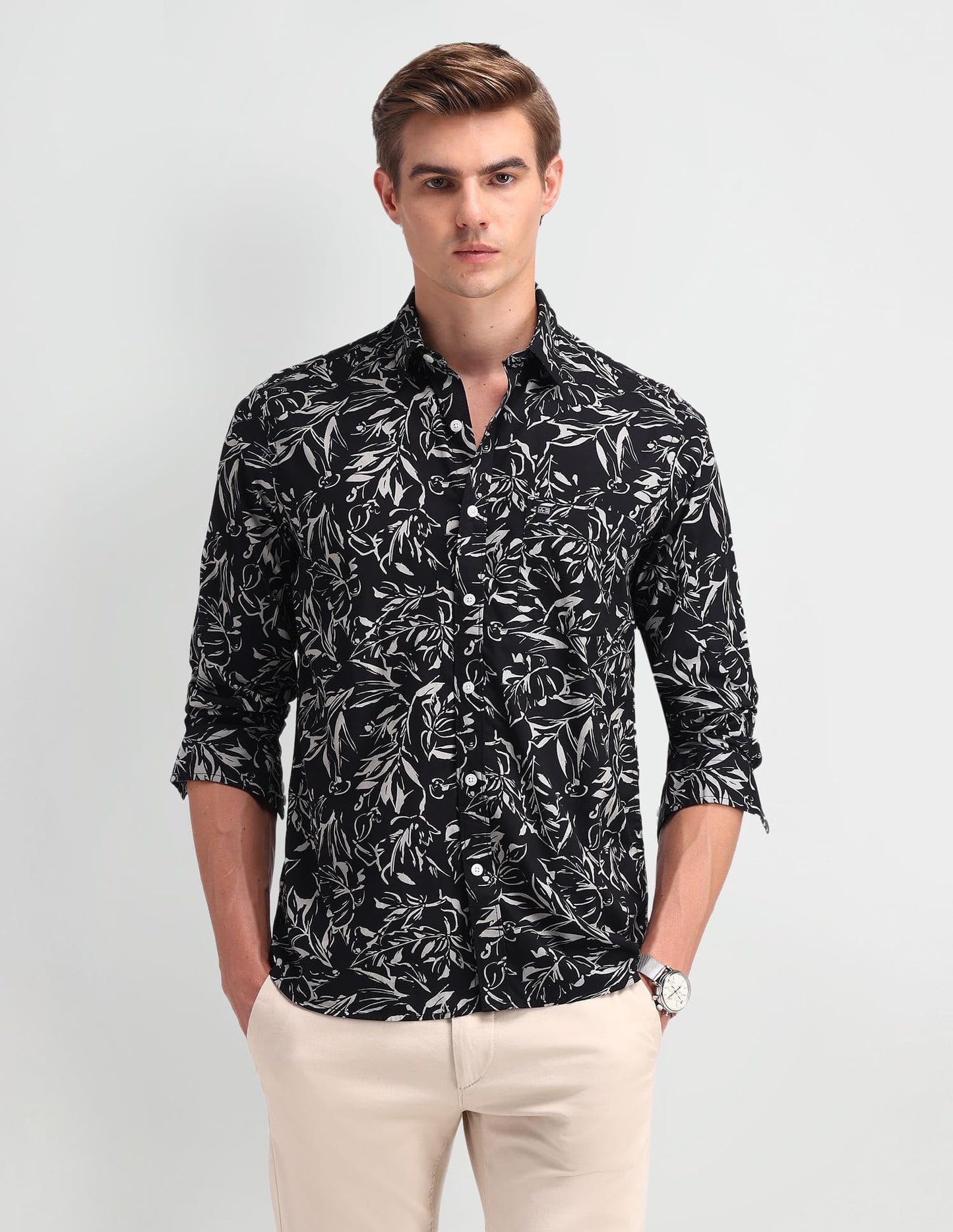 Arrow Men's Printed Full Sleeve Slim Fit Point Collar Cotton Casual Shirt White