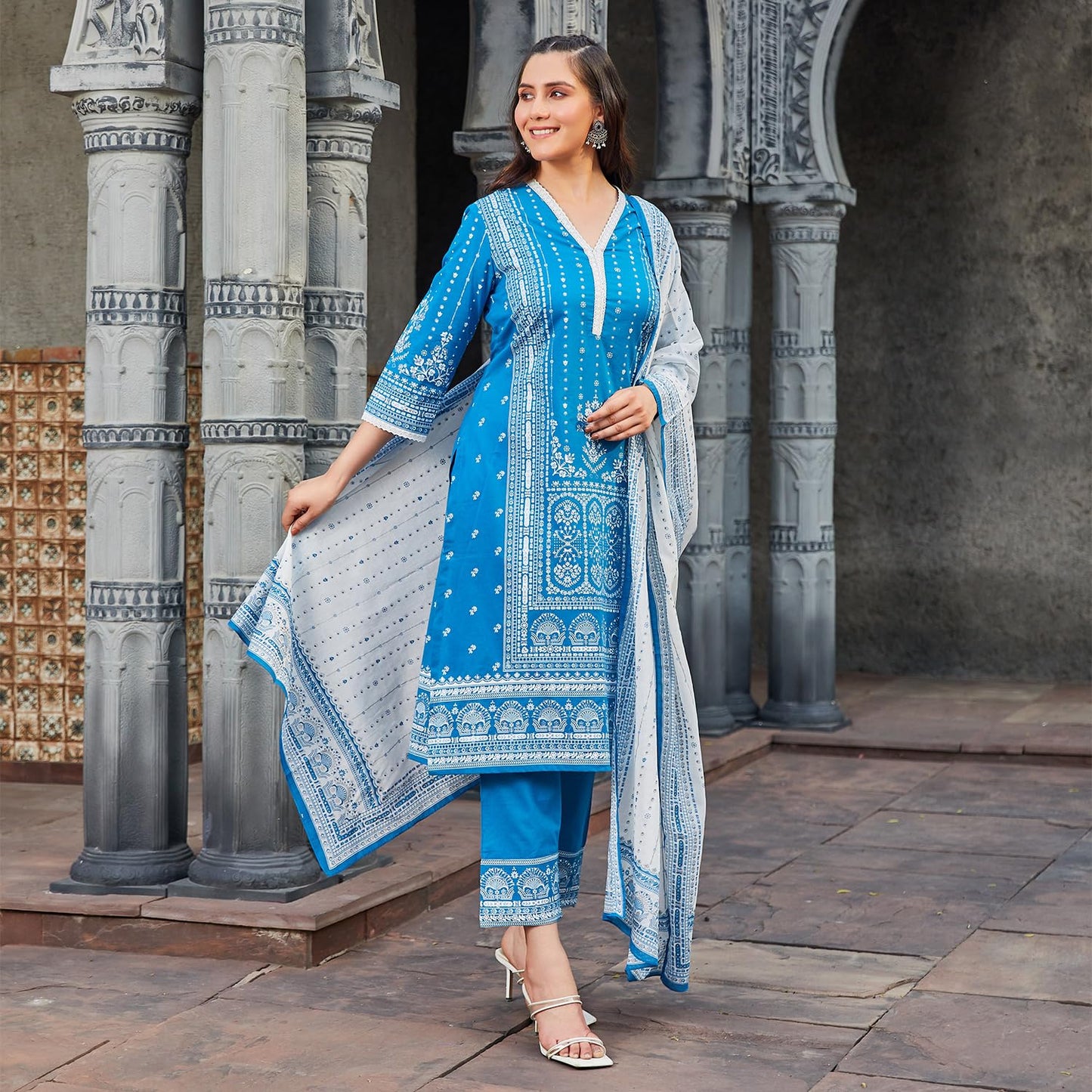 BIBA Women Cotton Straight Printed Suit Set (SKDSHWETSAGA9572SS24BLU_Blue