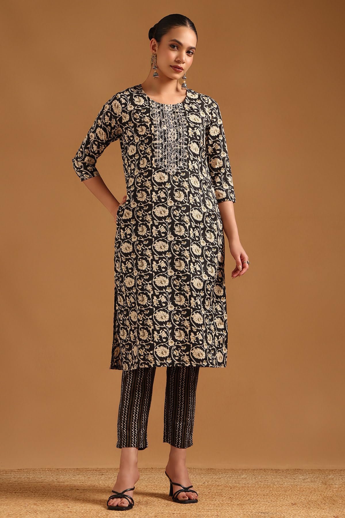 Soch Womens Black Cotton Blend Botanical Salwar Suit With Sequins
