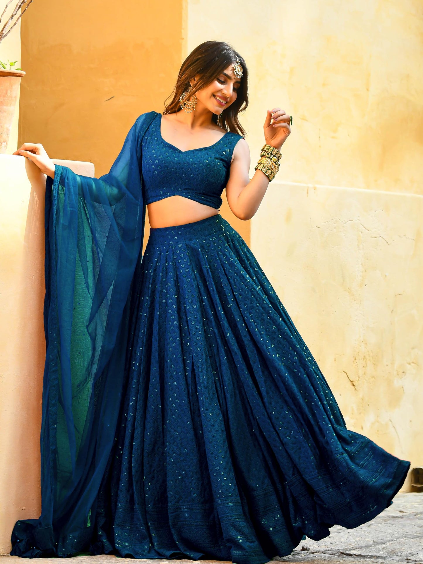 Zeel Clothing Women's Georgette Semi-Stitched Sequins Thread Embroidered Designer Lehenga Choli With Dupatta (5124-Blue-S-Lehenga-Choli-Latest; Free Size) (Blue)