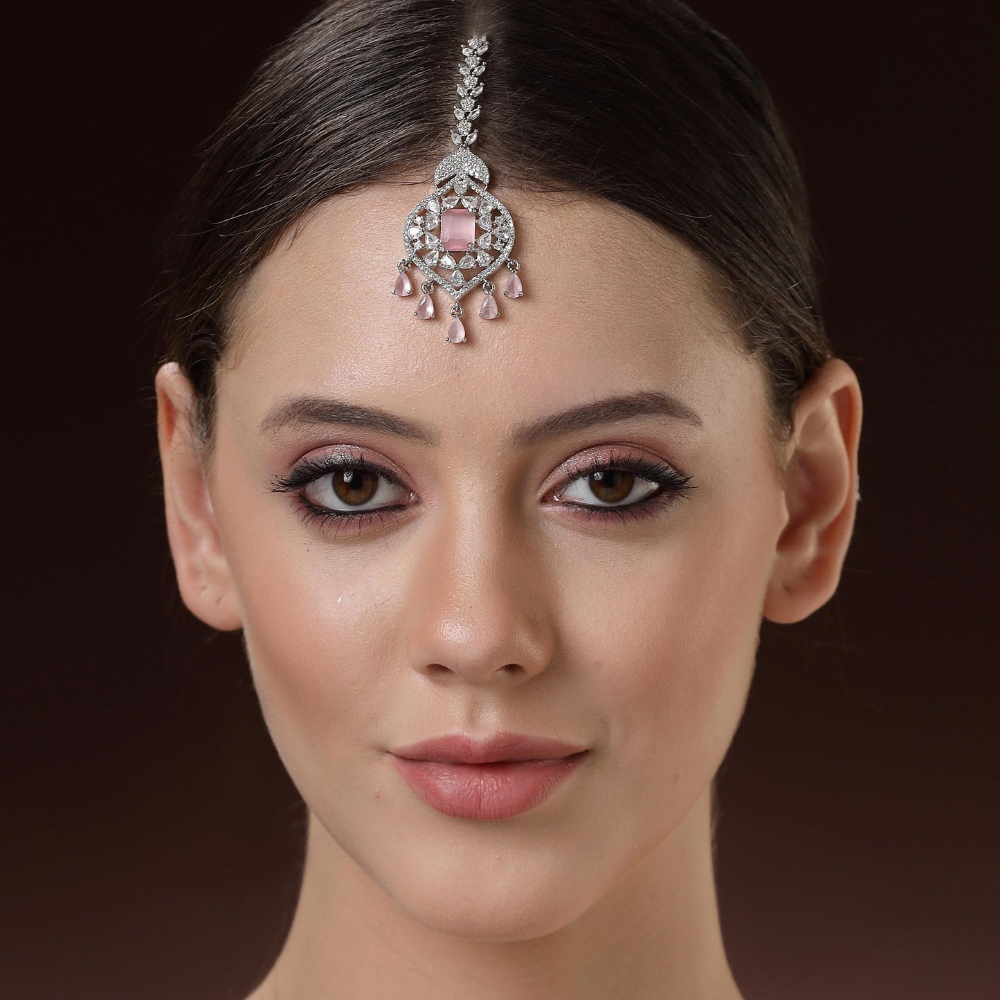Zeneme Sparkling American Diamond Maang Tikka for Women | Elegant Floral Design Silver Plated Maang Tikka for Wedding - Traditional Head Jewellery for Women (Pink Moonbeam Charm Mangtika)