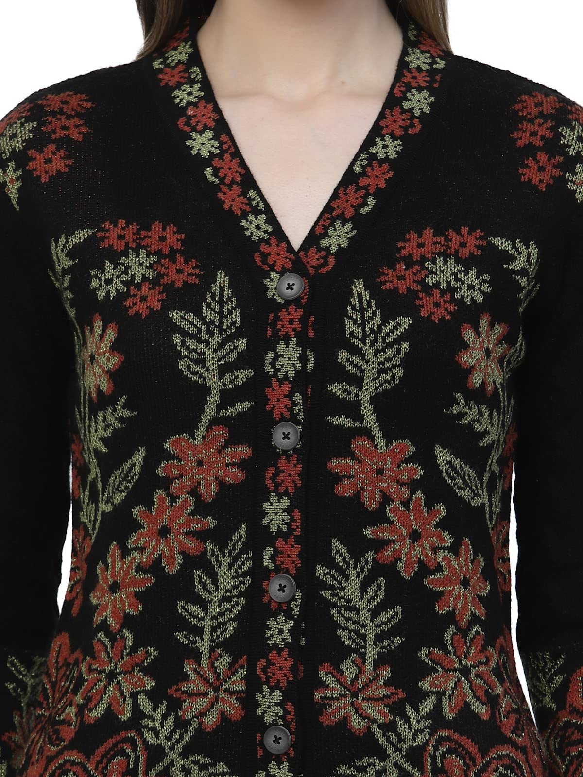 Kalt Women Sweater for Winter Woolen Acrylic Full Sleeves V-Neck Floral Design Cardigan Sweater for Women Winter Woollen Stylish(Black;5XL)