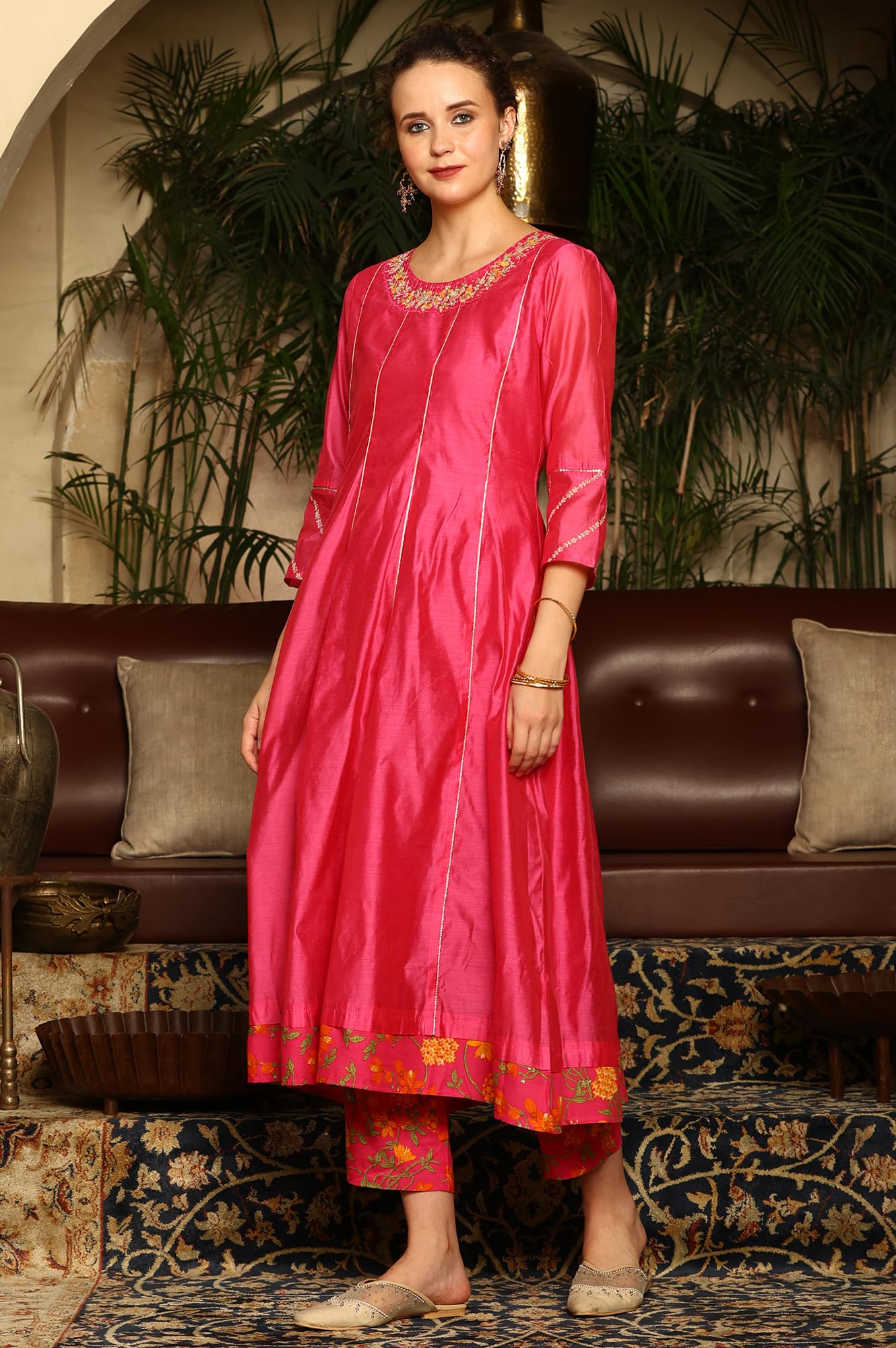 W for Woman Magenta Pink Chanderi Dori Embroidered Anarkali Kurta, Pants and Dupatta Set (Size: XS)-24AUWS11468-221979