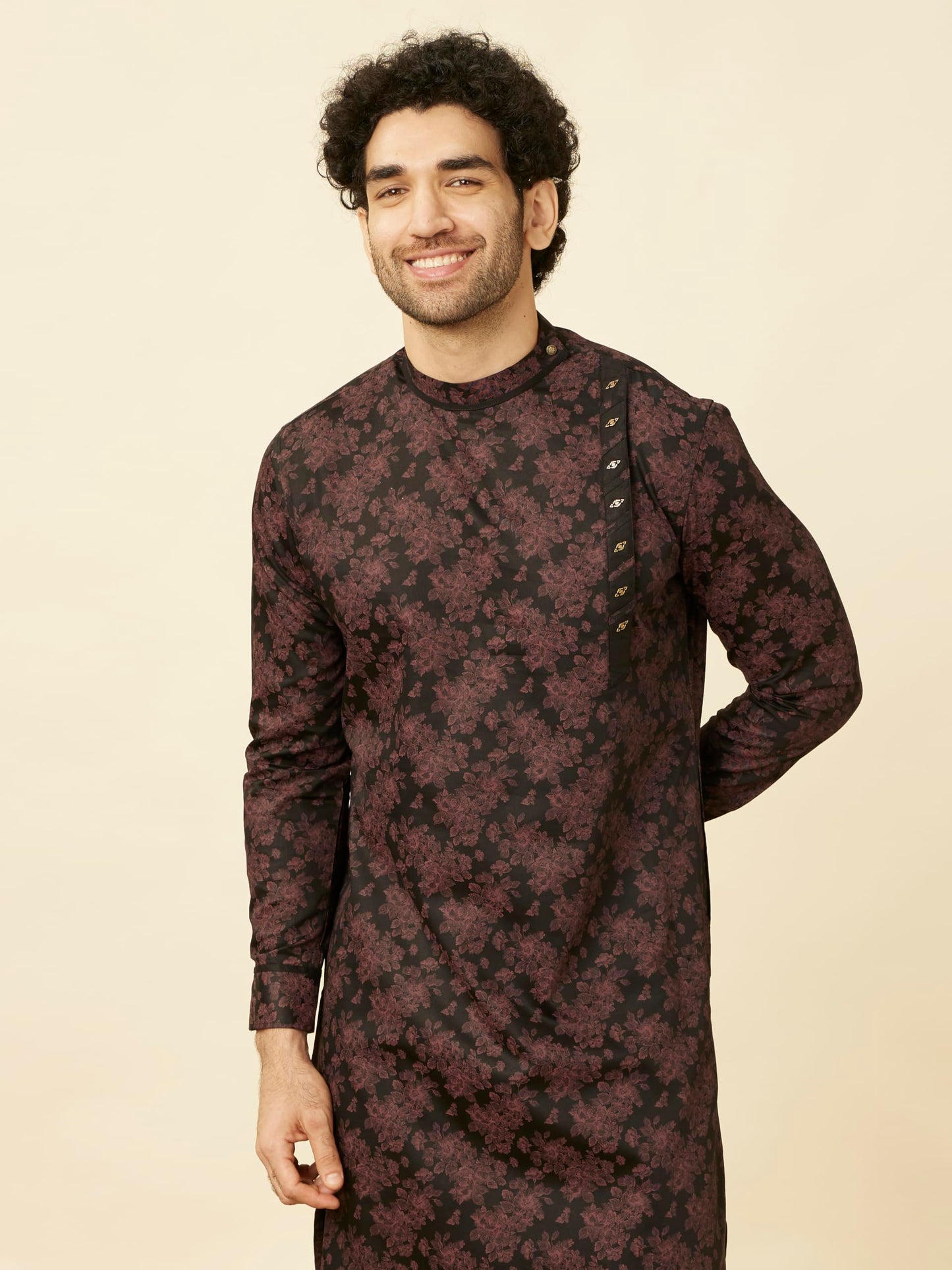 Manyavar Men's Midnight Black Floral Patterned Angrakha Style Kurta (XL)