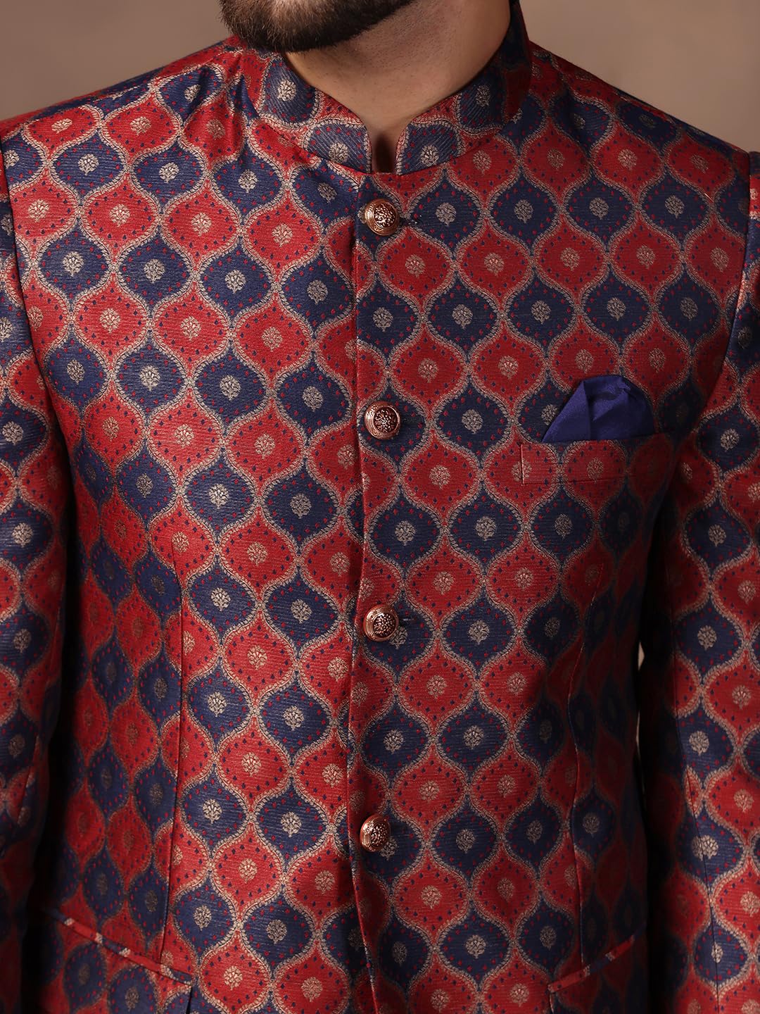 KISAH Mens Jodhpuri Bandhgala Trouser Set Silk Blend Jacquard, Ethnic Wear for Men, Maroon, 40