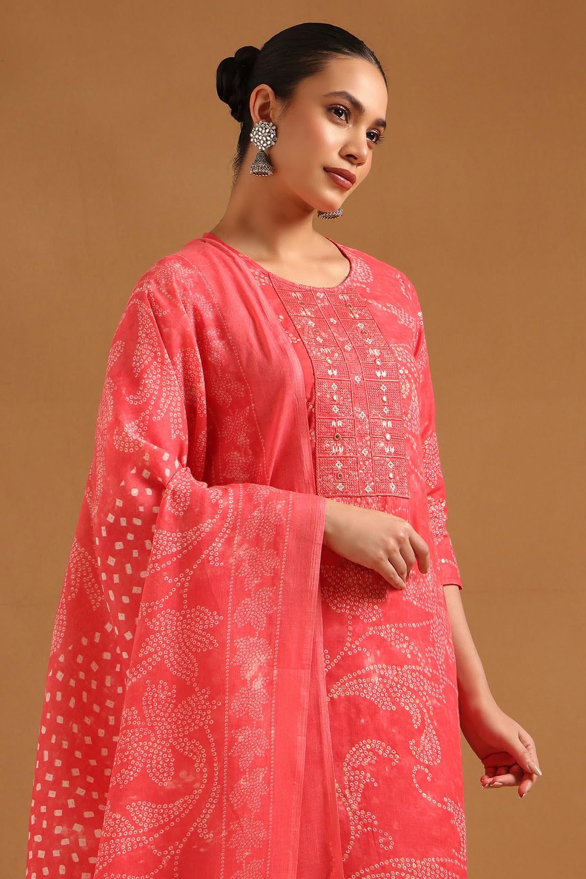 Soch Womens Peach Cotton Blend Bandhani Salwar Suit With Faux Mirror