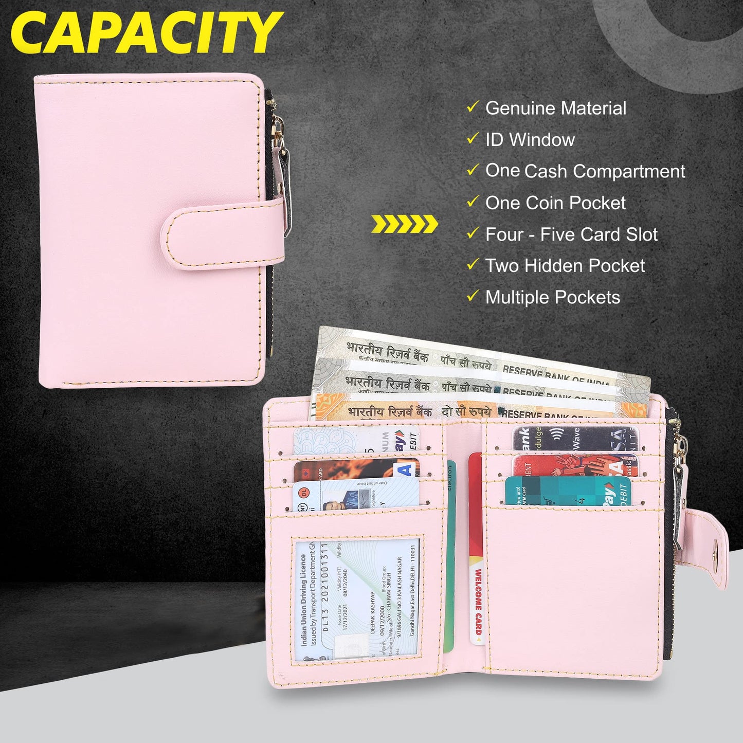 TnW PU Leather Mini Zipper Wallet for Women (Baby Pink)