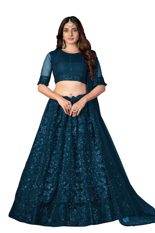 Varni Fabrics Lehenga set for Women Net Multi Embroidered Sequence Thread Work Semi Stitched Lehenga for Women Wedding Ethnic Traditional Party Lehenga Choli with Dupatta| turquoise blue |Free Size