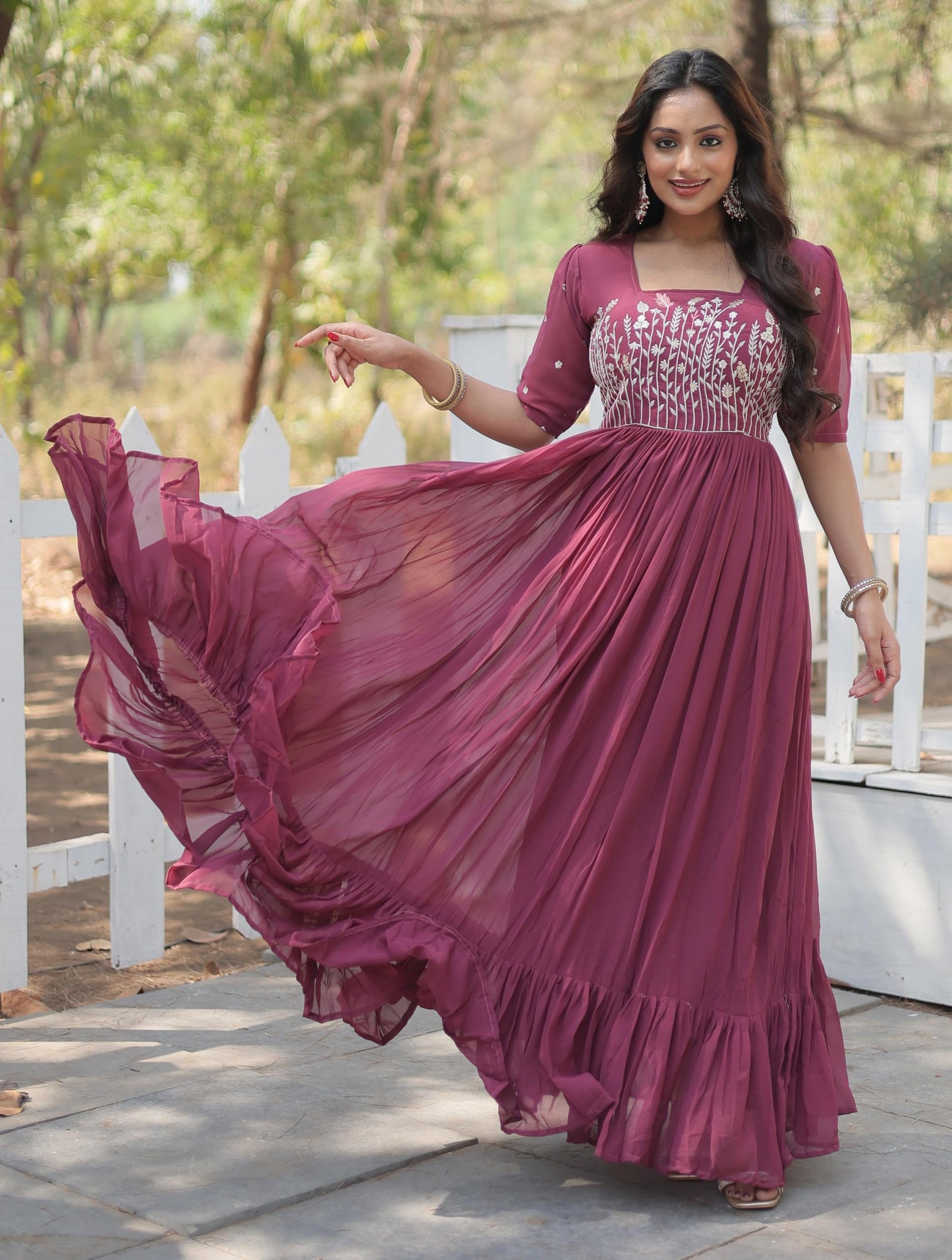 Fashion Basket Georgette Anarkali Gown with Sequins and Embroidery for Women with Long Sleeves (Medium, Magenta)