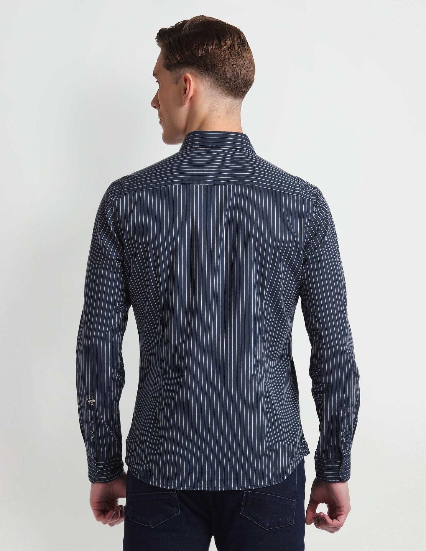 U.S. POLO ASSN. Men's Cotton Striped Slim Fit Shirt (UDSHT0922_Navy, 42