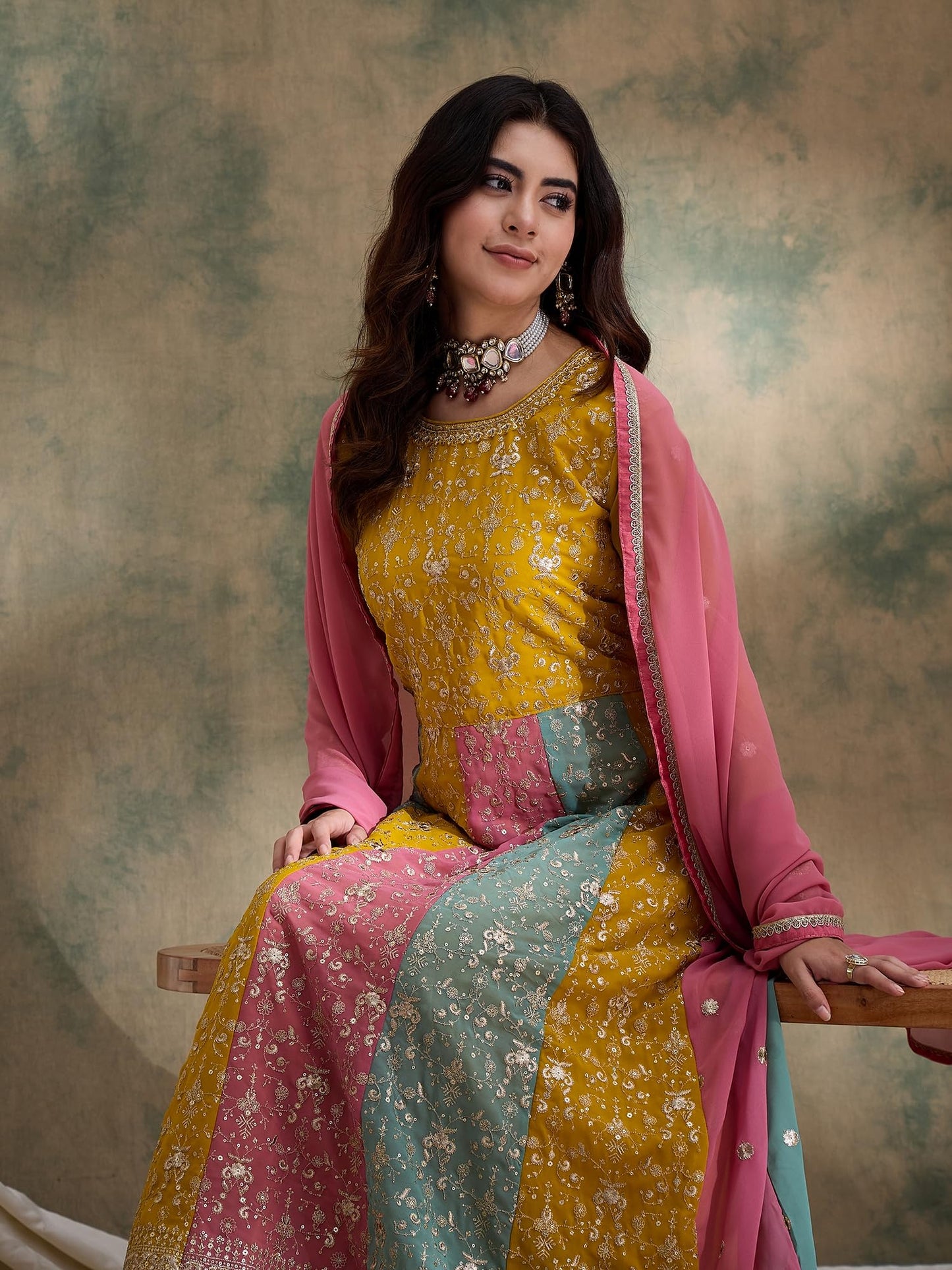 Miss Ethnik Women's Yellow Faux Georgette Stitched Top with Dupatta Full Sleeve Embroidered Anarkali Gown (MEY-1183-Yellow-S)