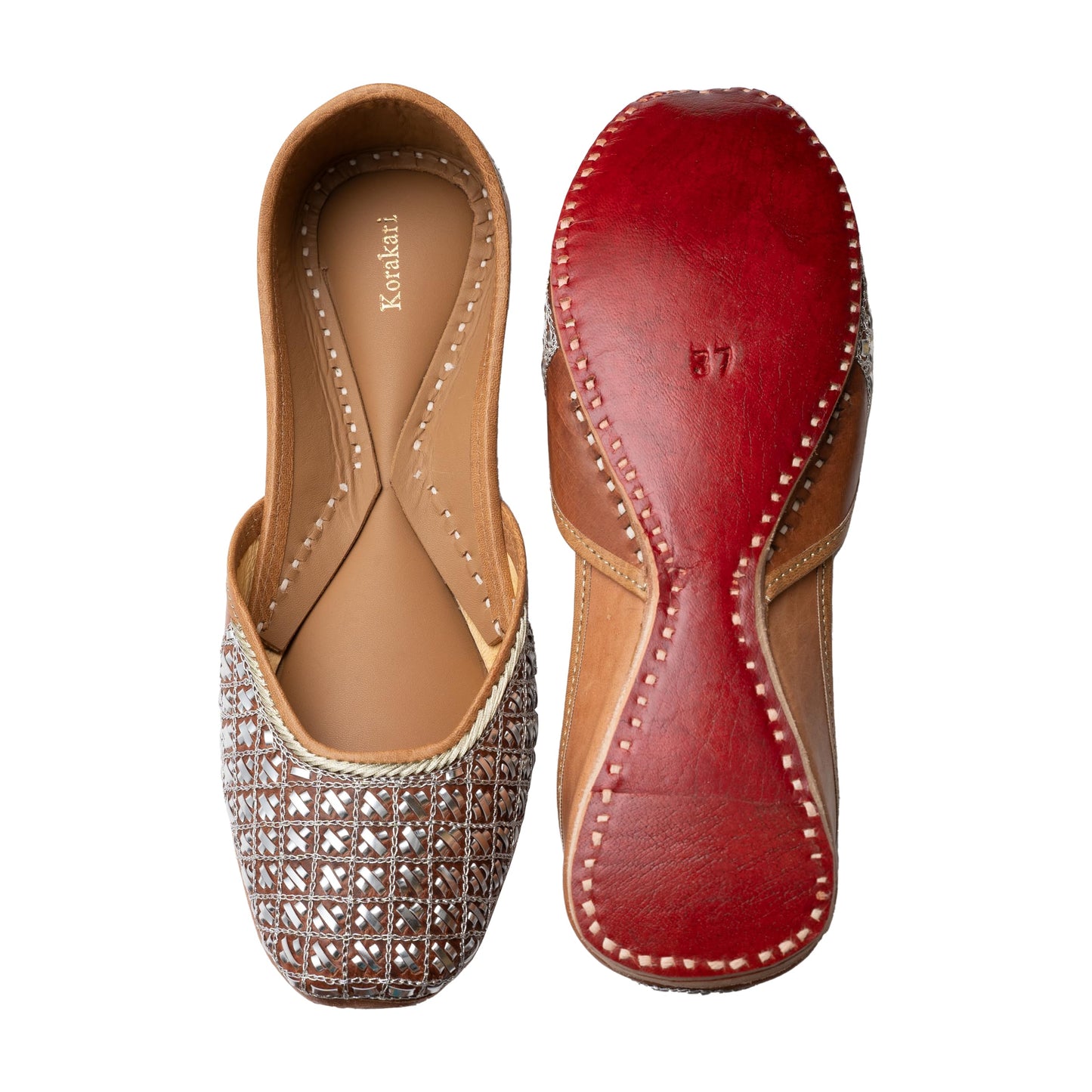 KORAKARI Women's Genuine Leather Traditional Ethnic Juno Handmade Punjabi Jutti, Leather Flat Comfortable Mojaris for Girls (Size: UK5, Beige)