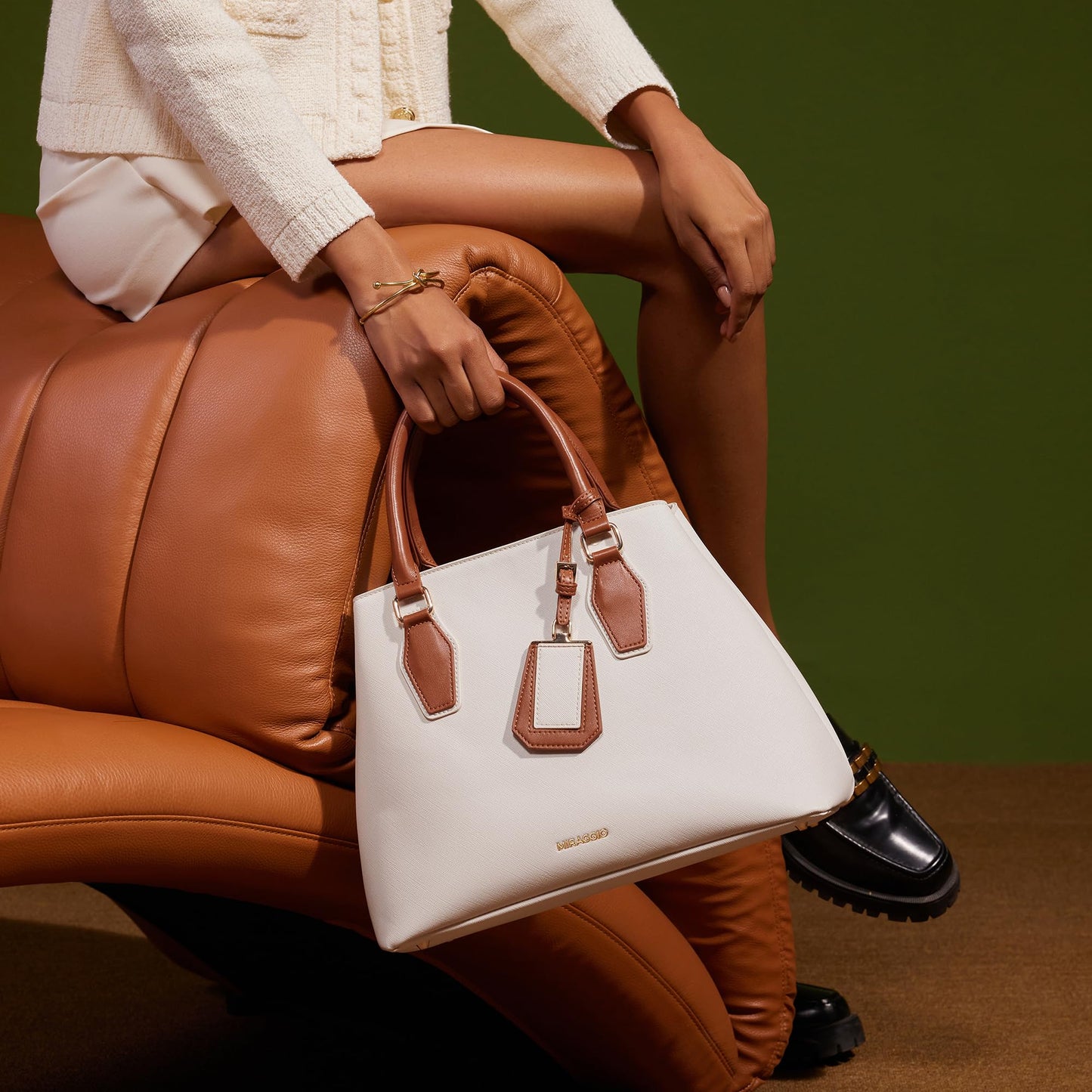 Miraggio Olivia Solid Handbag for Women with Adjustable & Detachable Sling/Crossbody Strap (Ivory)