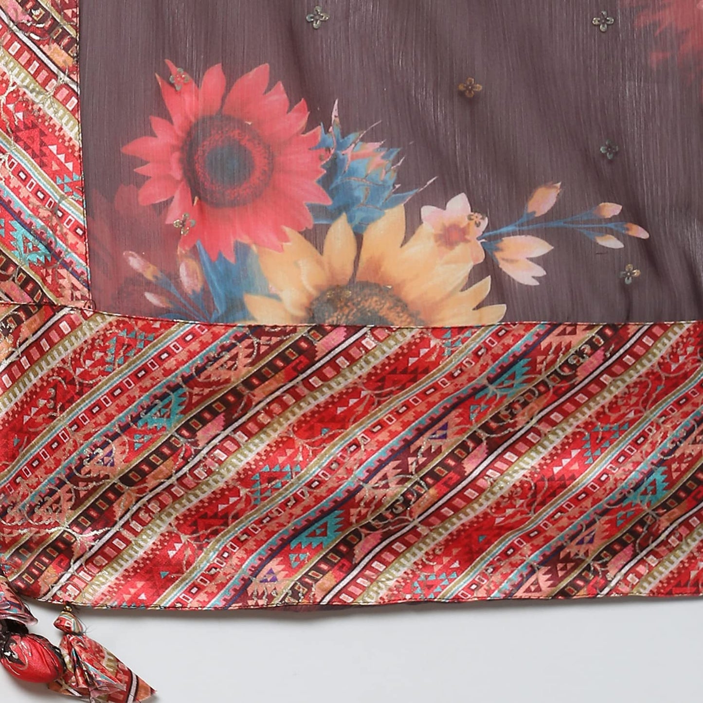 BIBA WOMEN PRINTED FLARED SALWAR KURTA DUPATTA(SKDASSORTED8199_CHOCO BROWN_38)