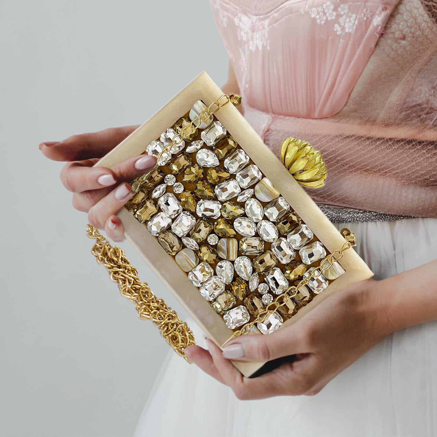 Maresse Women's Bridal Designer Purse – White Marble Resin Clutch with Embellished Stones, Elegant Sling Bag for Weddings, Stylish Evening Handbag, Luxury Party Accessory for Women (Monolith)