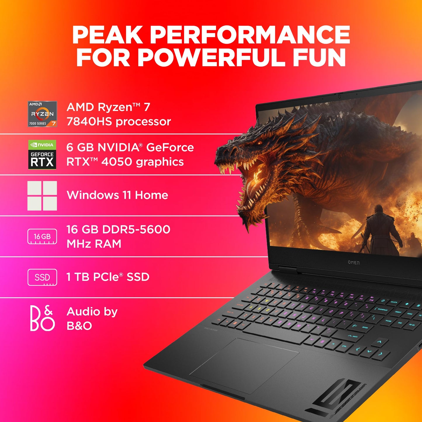 HP OMEN, AMD Ryzen 7-7840HS, 6GB NVIDIA GeForce RTX 4050 Gaming Laptop (16GB RAM, 1TB SSD) 165Hz, IPS, 16.1"/40.9cm, Win 11, MS Office 2021, Black, 2.37Kg, RGB Keys, Tempest Cooling, xd0015AX