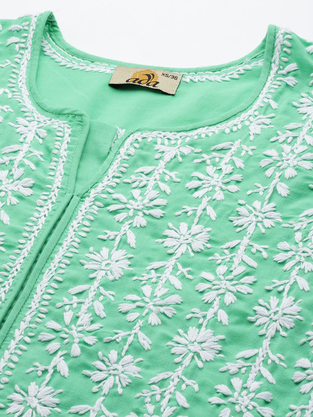 Ada Hand Embroidered Lucknowi Chikan Sea Green Cotton Kurta Kurti Tunic for Women A411418 (L)