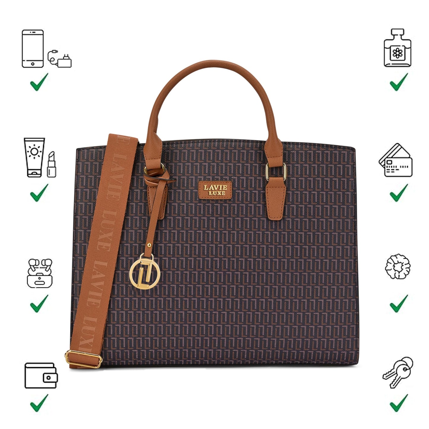 Lavie Luxe Women's Ellon25 Monogram Laptop Satchel Handbag for Women | Fits Upto 15 Inch Laptop | Laptop Bag for Work | Ladies purse | Stylish Shoulder Bag | Gift For Women