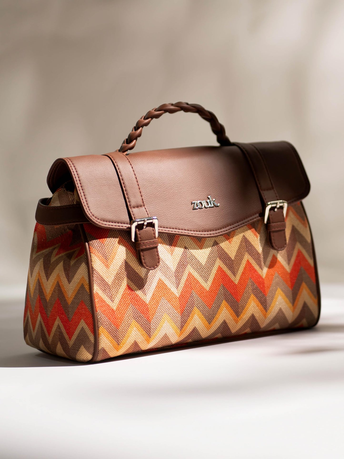 ZOUK Konkona Heritage Satchel Bag - Tidal Wave | Jute | Vegan Leather Handcrafted With Detachable Sling Strap| Orange