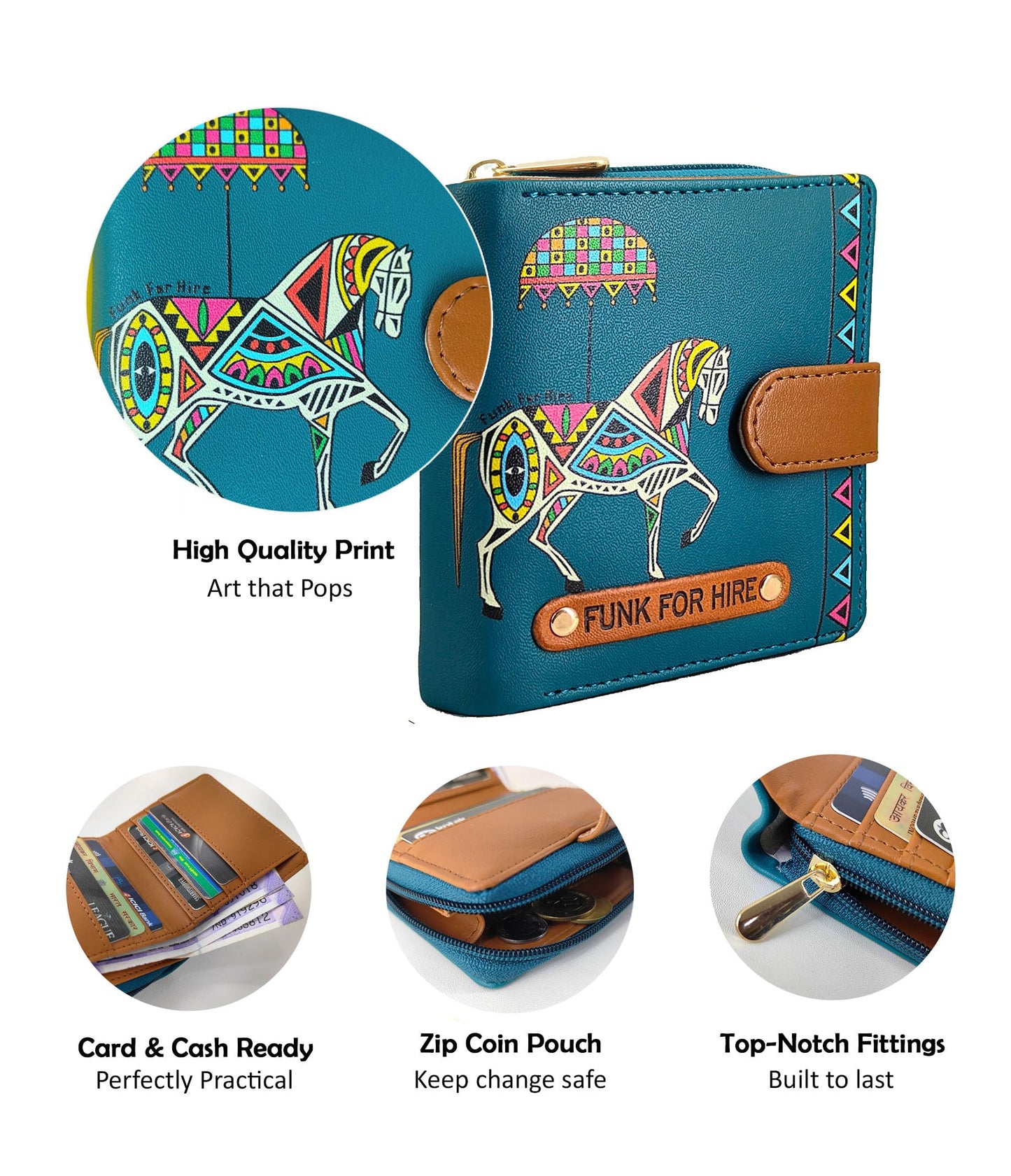 Funk For Hire Women’s Compact Wallet in Petrol Blue – Stylish Cartoon Print Leatherette Purse with Card Slots, Coin Pocket & Magnetic Closure – Handcrafted in India