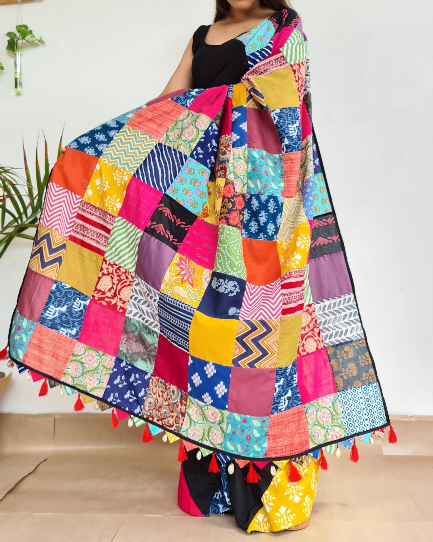 Save As Womens Saree Black - Unique 100% Cotton Reclaimed Fabric Saree Without Blouse