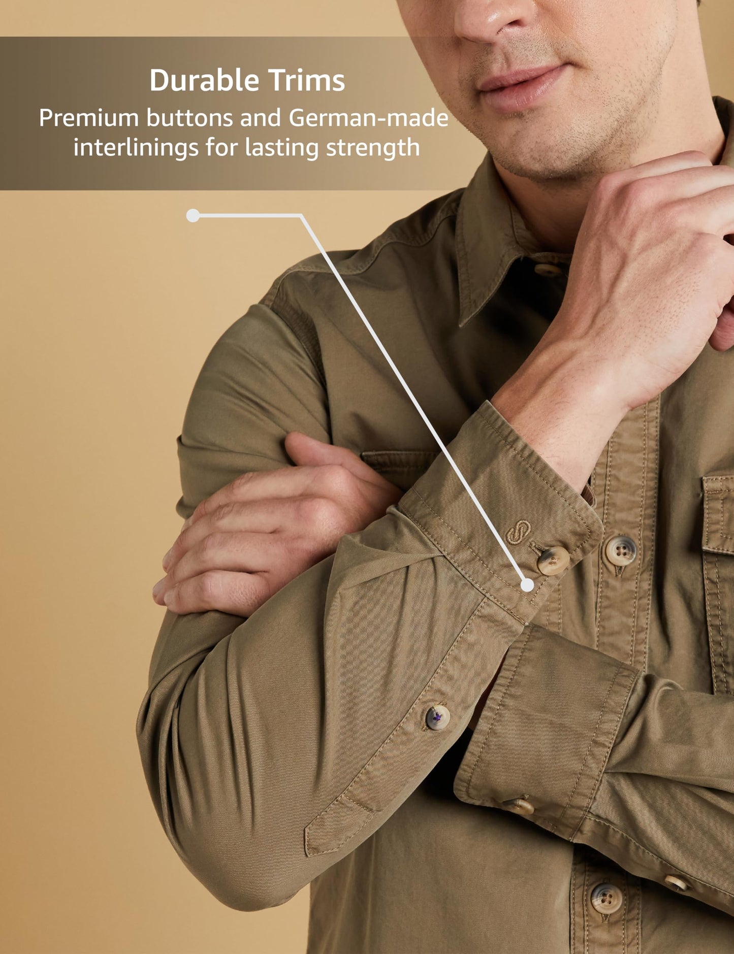 Symbol Premium Men's Casual Washed Cotton Twill Shirt (Regular Fit) (Khaki_L)