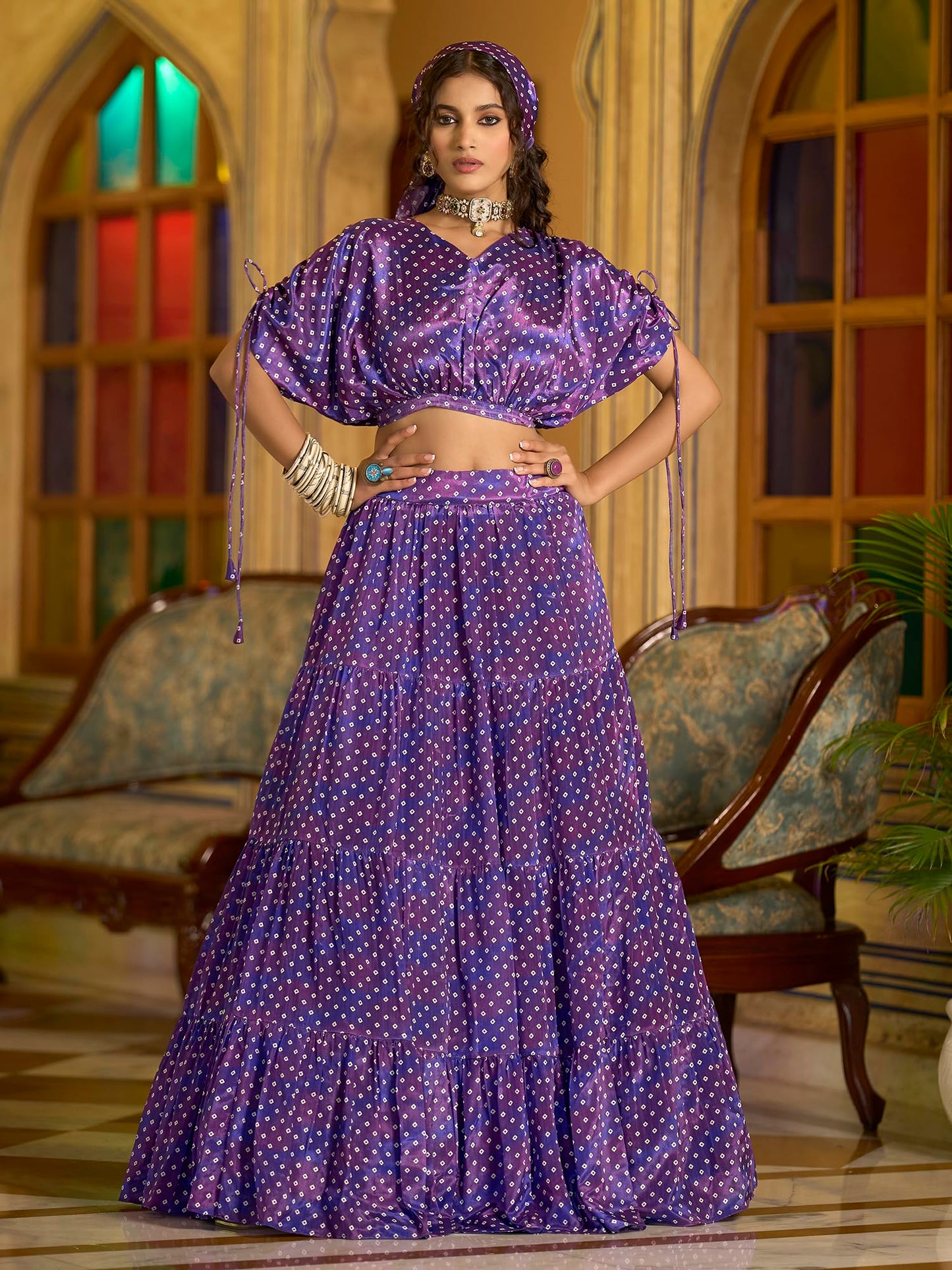 PURVAJA Women's Chinon/Art Silk Semi-Stitched Lehenga choli (Vivi-Purple_M)