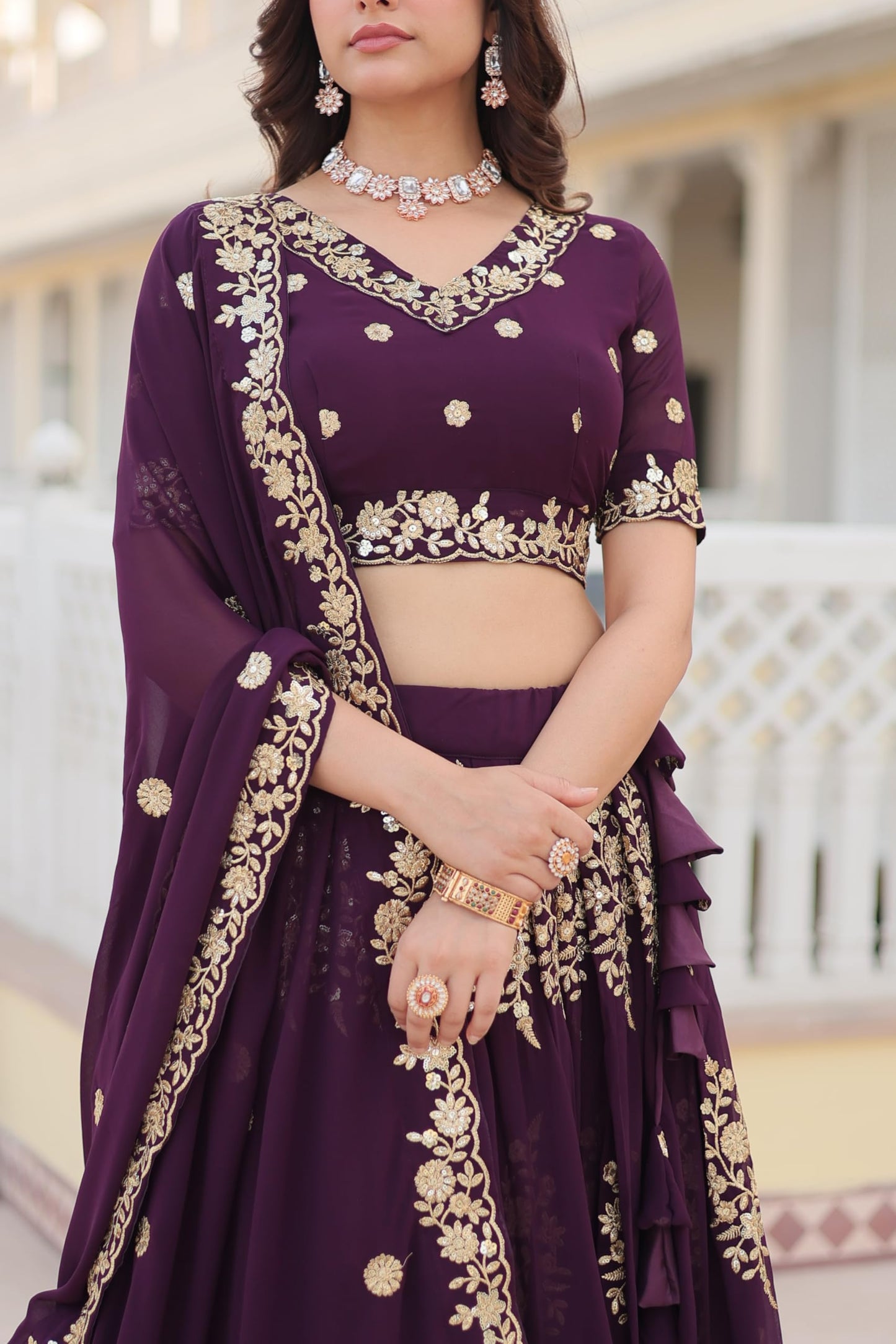 Fashion Basket Georgette Embroidery Stiched Lehenga Choli Duptta Set for Women (Wine, Free)