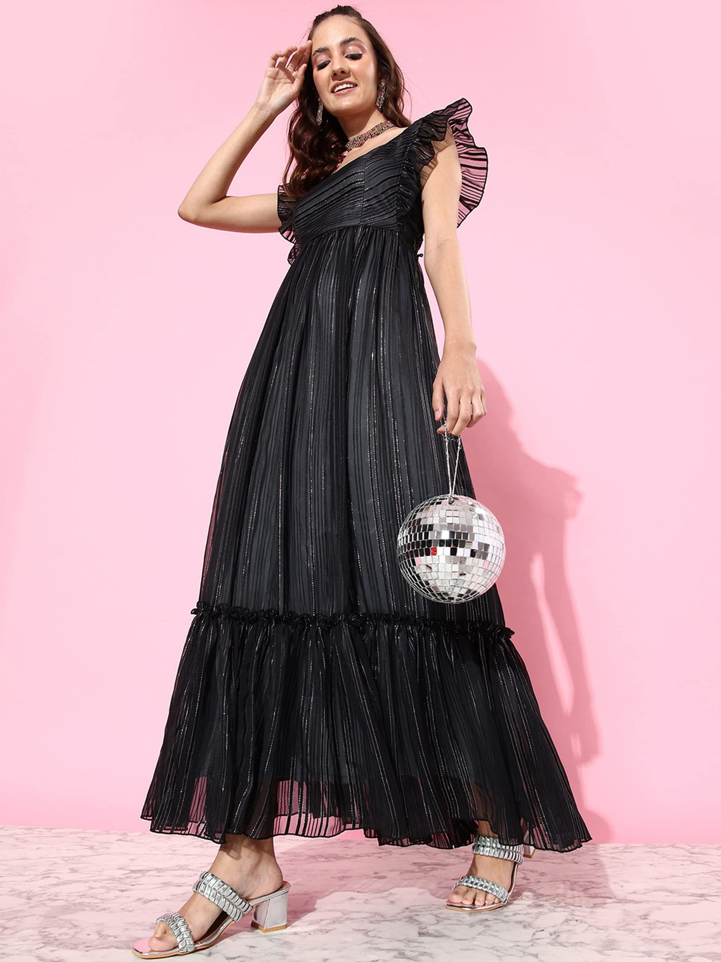 Miss Chase Women's Black Square Neck Layered Ruffles Sleeve Floral Patterned Tiered Georgette Maxi Dress (MCAW22D16-27-62-04, Black, M)