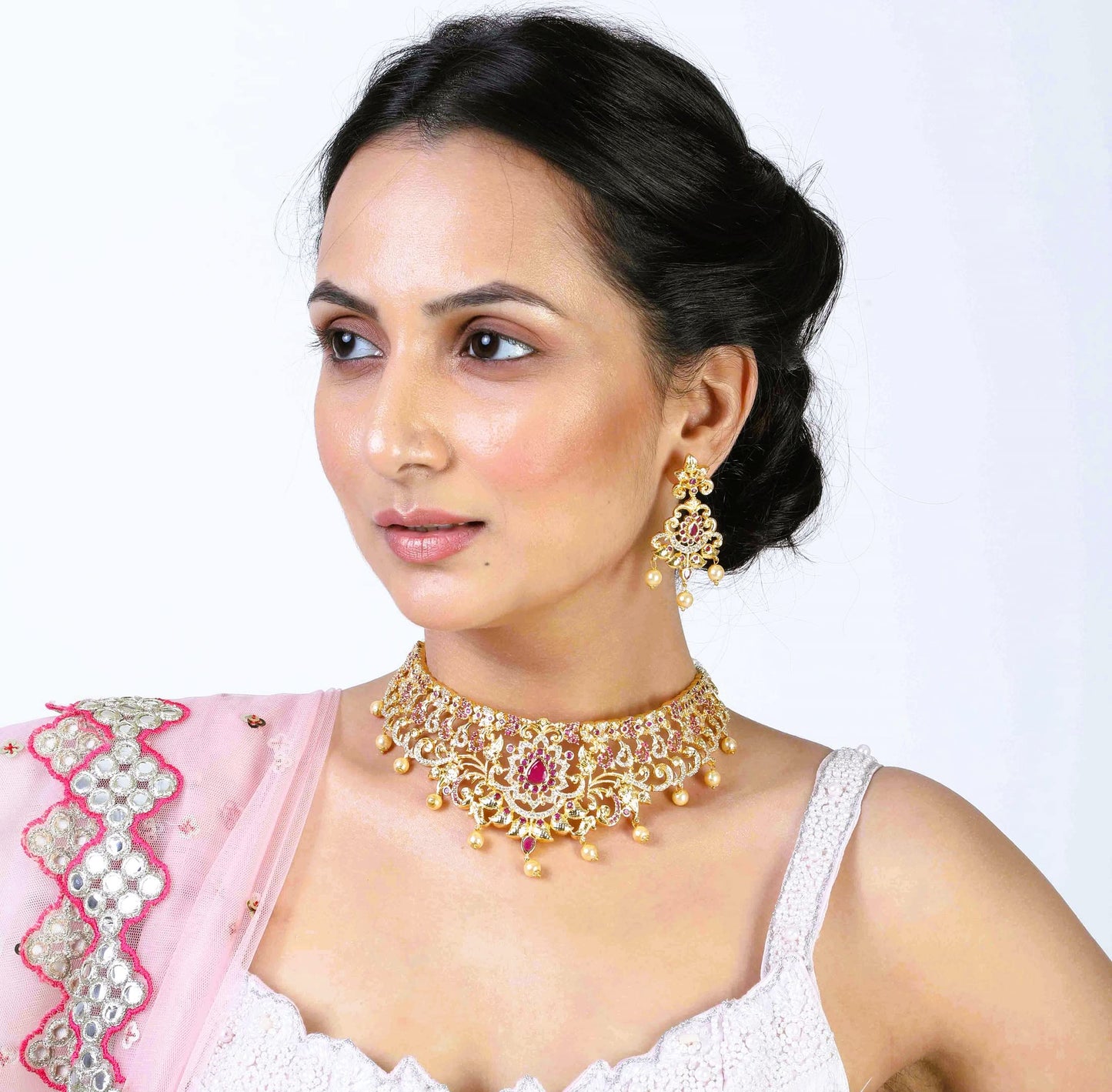 Estele Gold Plated CZ Magnificent Bridal Choker Necklace Set With Pearls for Women