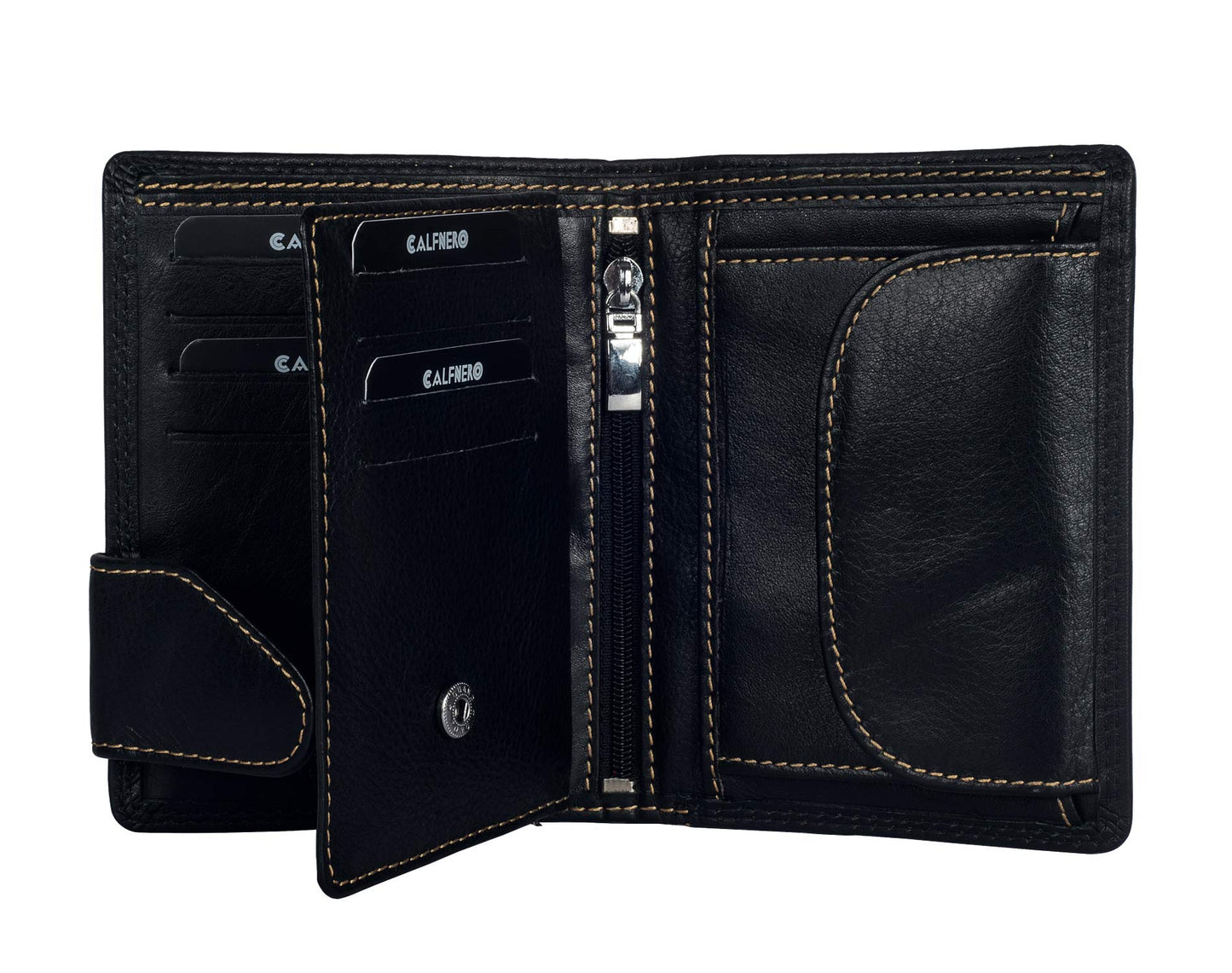 Men's Genuine Leather Bifold Wallet-Multiple Card Slots ID Window with Coin Pocket-Black Wallet by Calfnero
