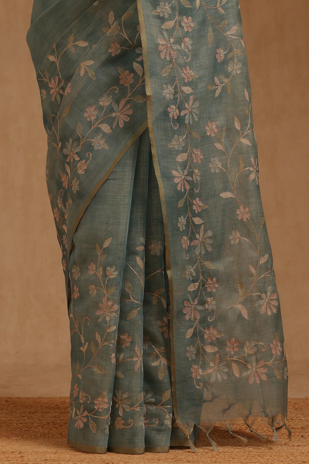 Soch Womens Light Teal Linen Floral Printed Saree With Zari