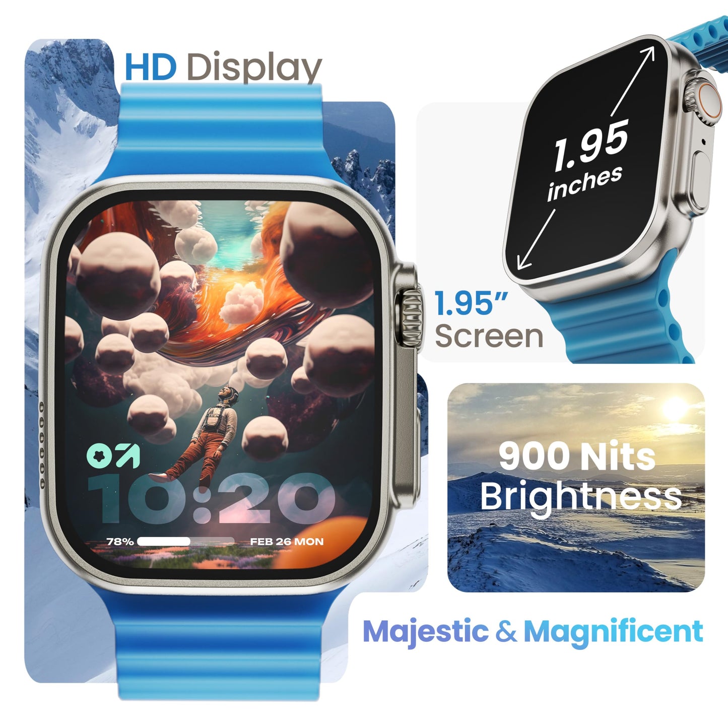 GOBOULT Newly Launched Crown Smart Watch 1.95'' Screen, BT Calling, Working Crown, Zinc Alloy Frame, 900 Nits Brightness, AI Voice Assistant, SpO2 Monitoring, 120+ Sports Mode (Denim Blue)