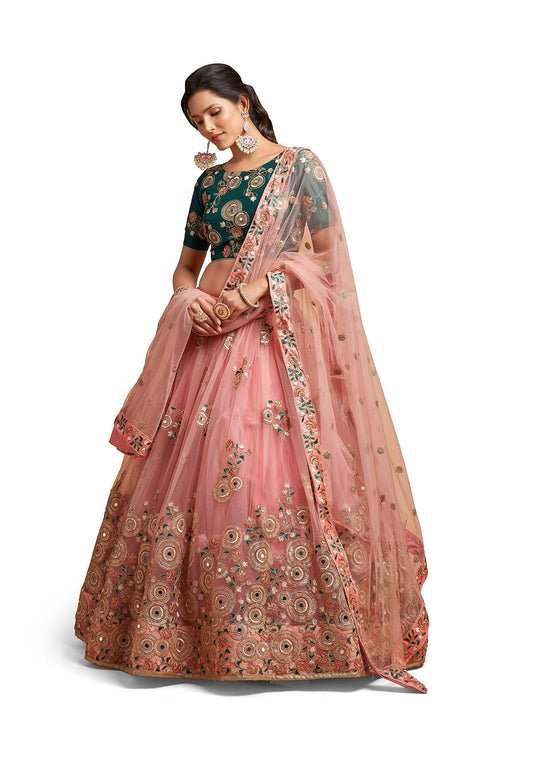 Divine Exim Women's Net Embroidered Semi-Stitched Lehenga Choli with Dupatta | Traditional, Wedding, Ethnic WearLehenga for Women and Girls (7315-Peach-Wedding)