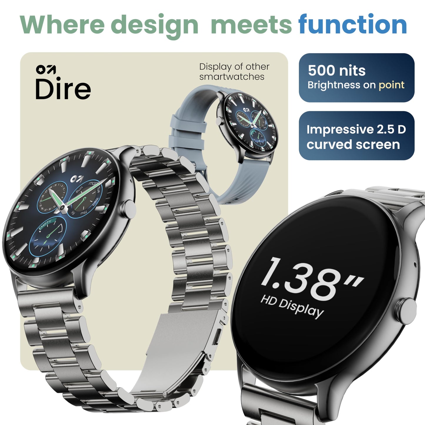 GOBOULT Newly Launched Dire Smartwatch 1.38'' 2.5D Curved HD Display, BT Calling, 500 Nits Brightness, IP67, 250+ Watchfaces, 120+ Sports Modes, AI Voice Assistant, SpO2 Monitoring (Chrome)