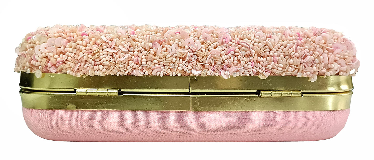 DUCHESS Women's Hand Embroidered Beaded Pink Clutch for Wedding, Party