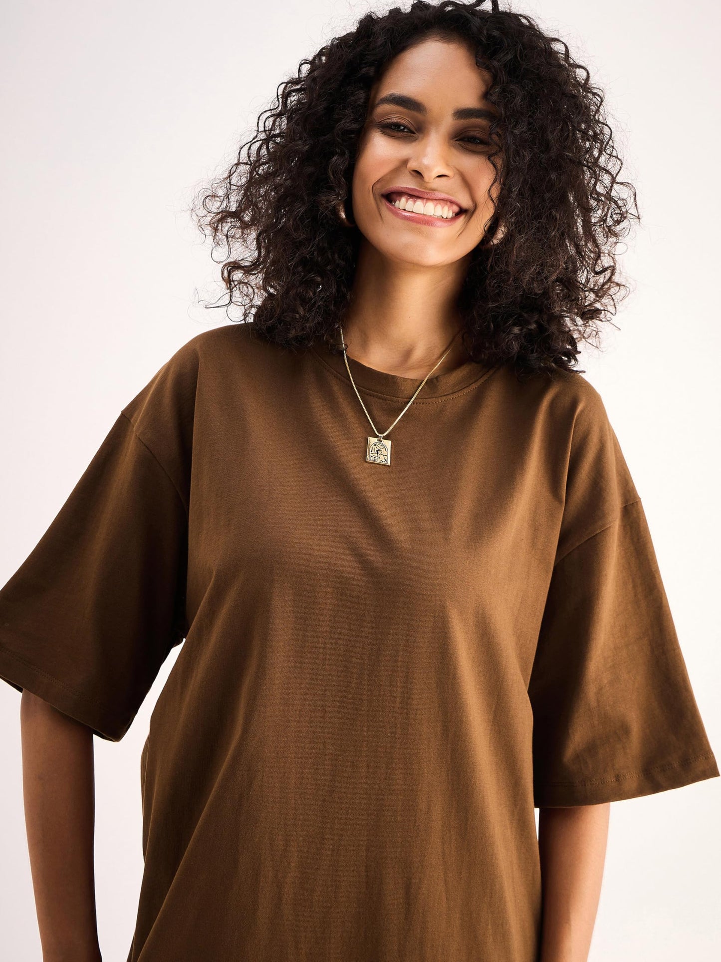 SASSAFRAS Women's Cotton Jersey Midi Length T-Shirt Dress (SFDRSS12129_Brown_2XL)