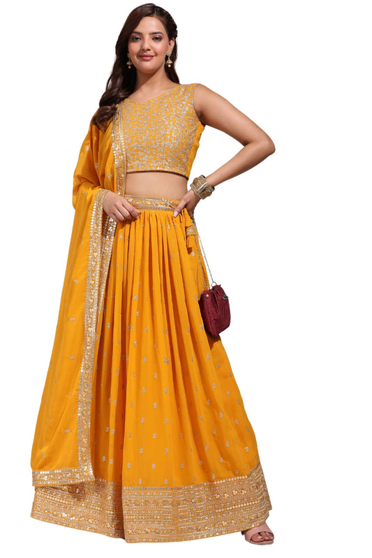 Fabcartz Womens Embroidered Georgette Lehenga Choli with Sequins Work (Yellow)