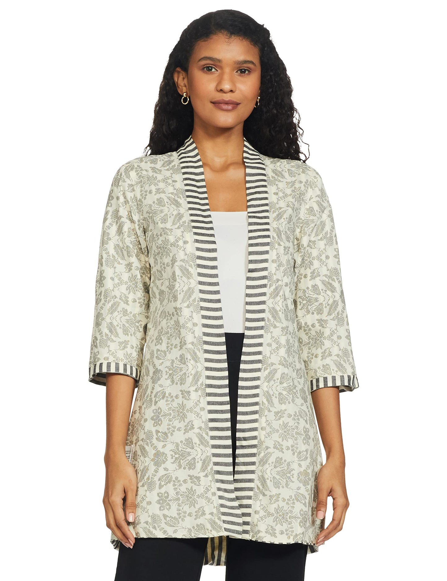 W for Woman Women's Ecru & Black Striped Shrug (21FEW14383-311847_Beige_L)