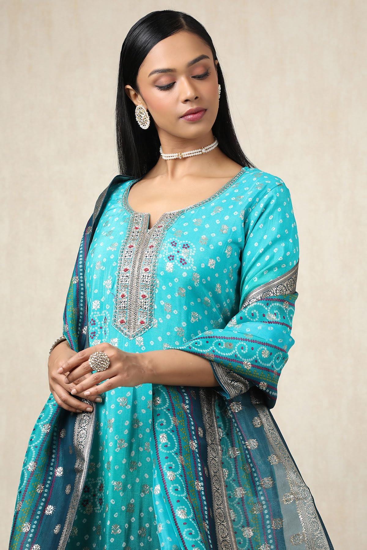 Soch Womens Turquoise Blue Brocade Bandhani Chudidar Set With Zari