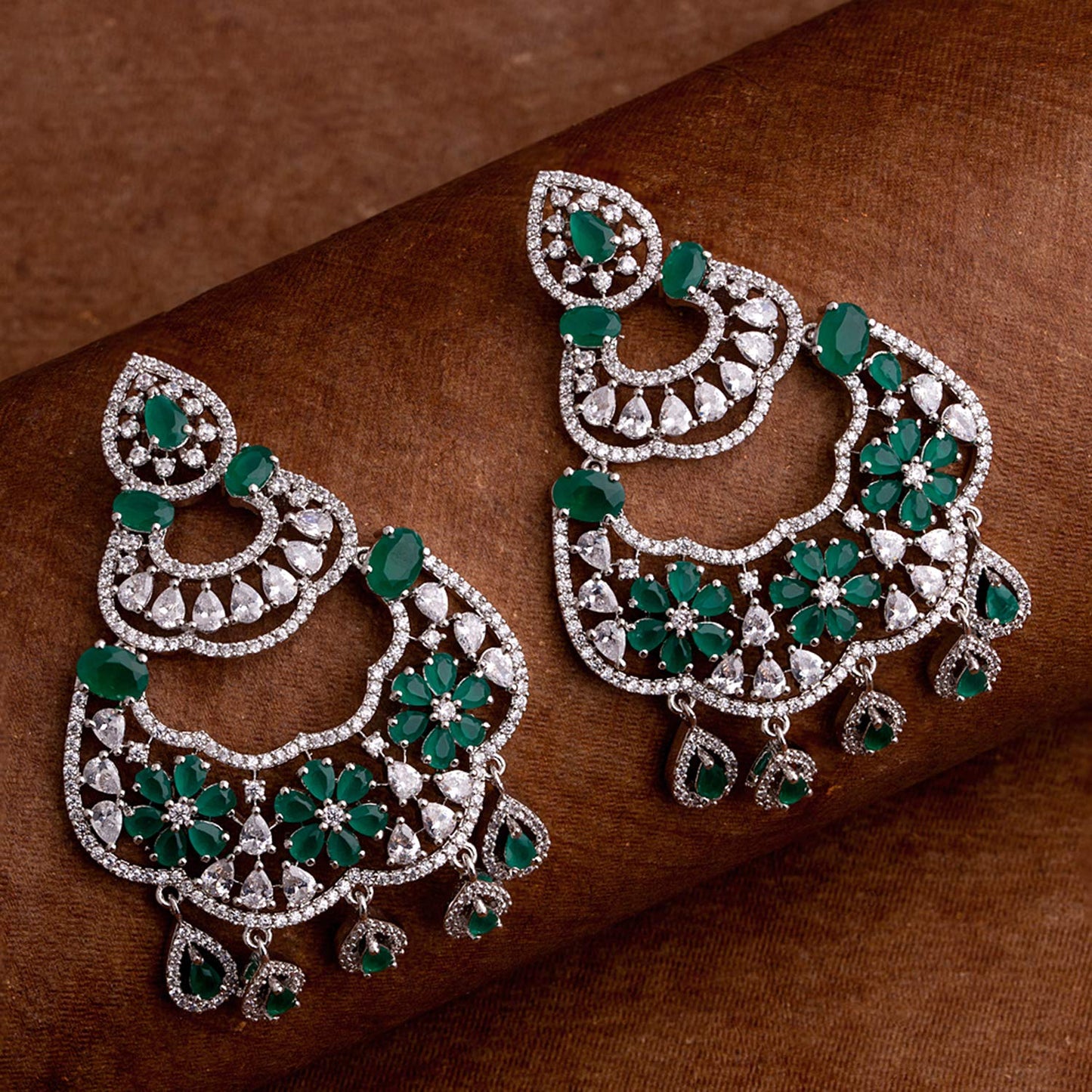 Voylla Green and White American Diamond CZ Gems Earrings