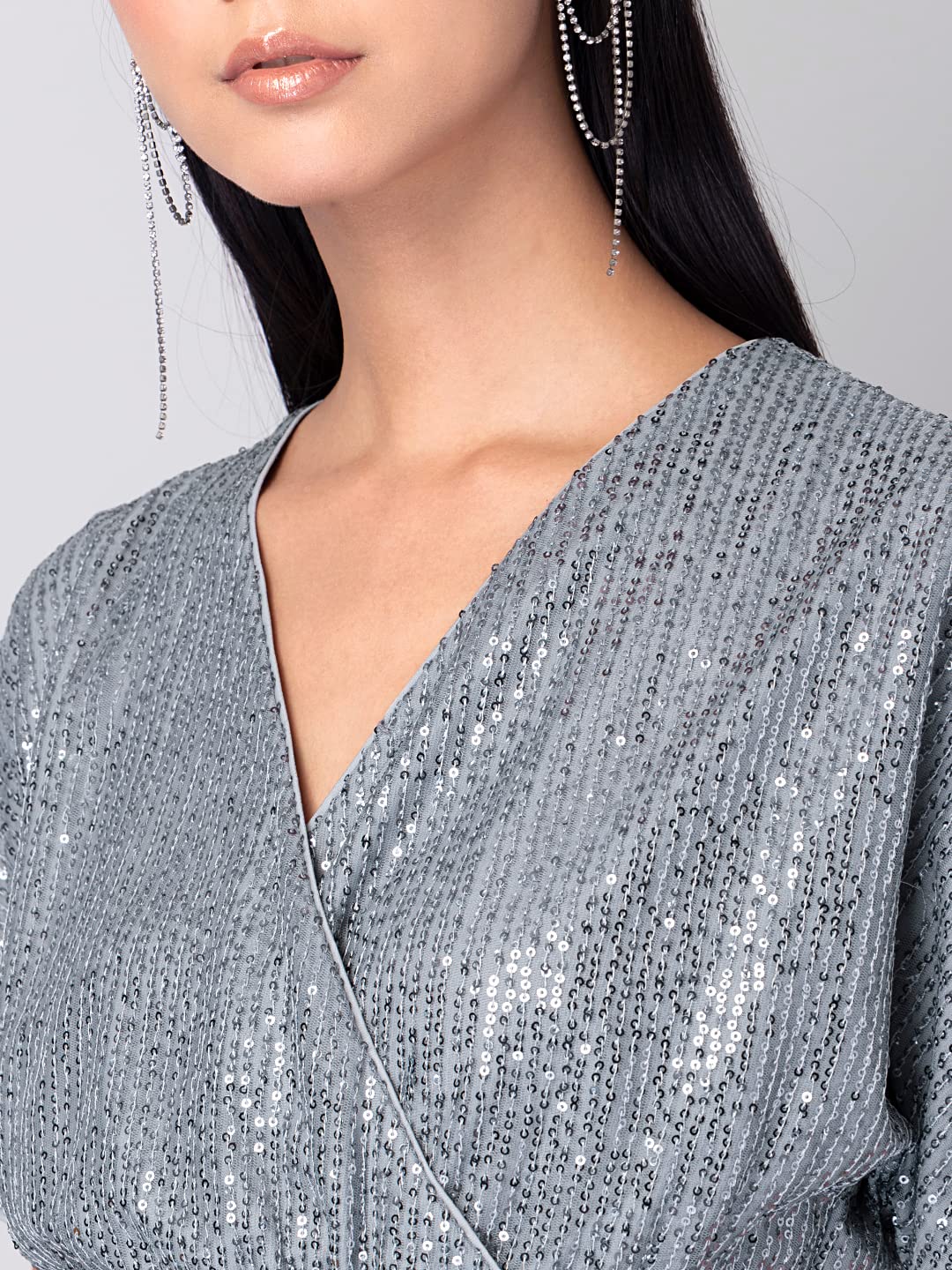 FabAlley Women's Net Silver Sequin Wrap Dress Mini (DRS05439 S)