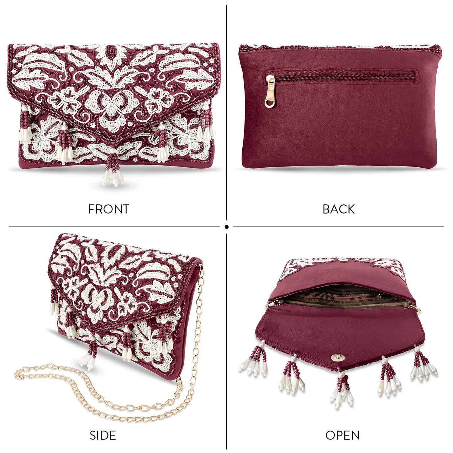 Peora Clutch Purses for Women Wedding Handmade Evening Handbags Party Bridal Clutch (Maroon)