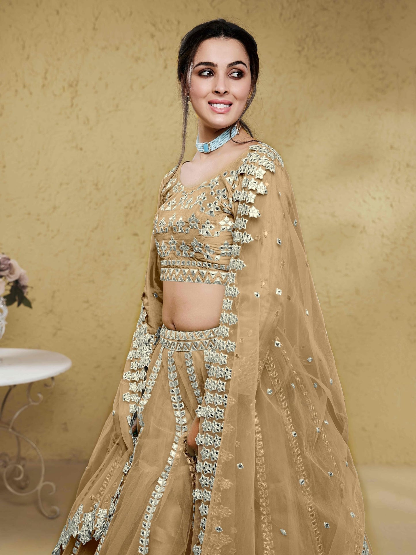Zeel Clothing Women's Net Semi-stitched Foil Embroidered Lehenga Choli With Dupatta (5029-Beige--Lehenga-Choli-Latest,Free size)