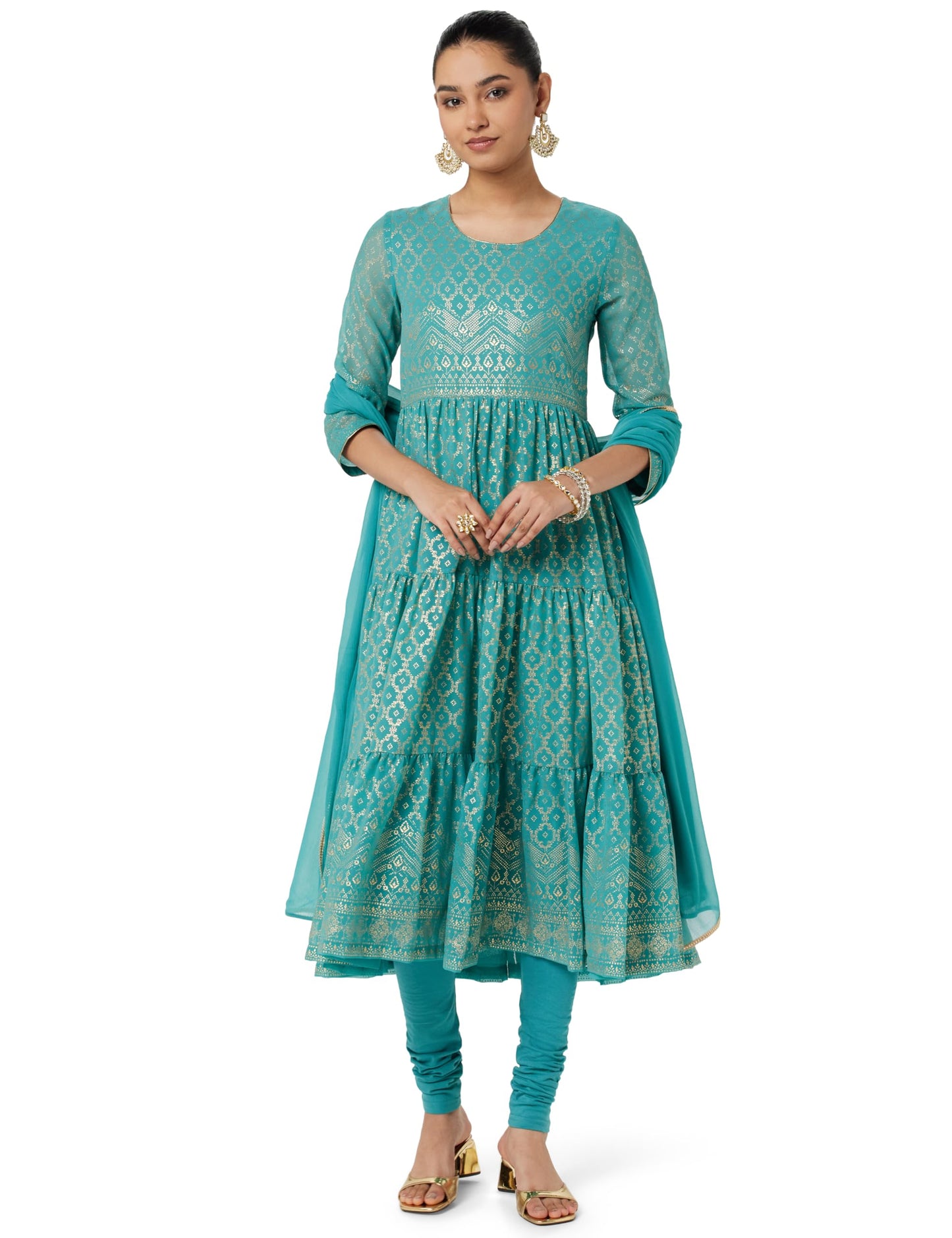 BIBA Cotton Blend Women Printed Anarkali Regular Fit Salwar Kurta Dupatta(Skdgold Mur9143_Sea Green_38)